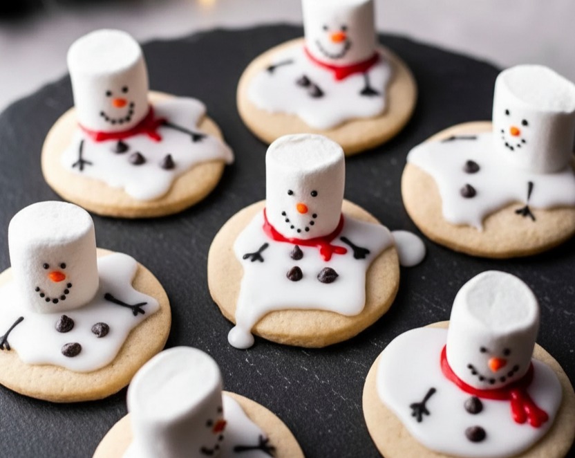 Melted Snowman Biscuits Easy Christmas Cookies Kids Party Food suggested serving