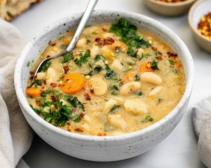 Hearty Vegetarian Tuscan White Bean Soup with Spinach and Herbs suggested serving