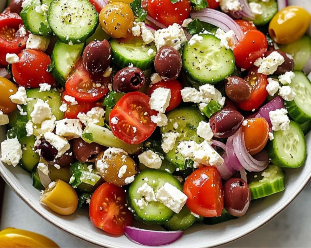 Healthy Fresh Chopped Mediterranean Cucumber Tomato Onion Salad top view