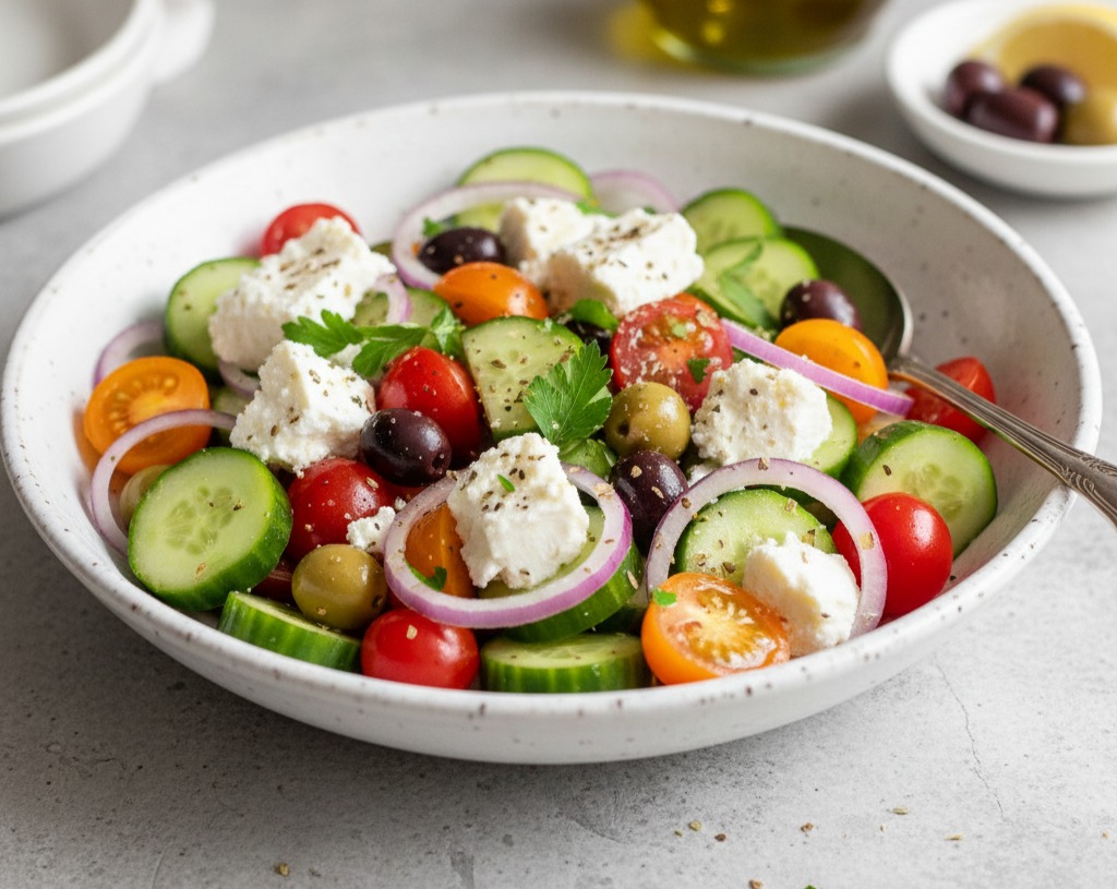 Healthy Fresh Chopped Mediterranean Cucumber Tomato Onion Salad suggested serving