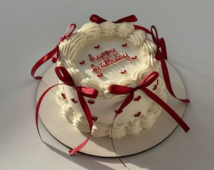 Vintage Bento Birthday Cake with Bows Aesthetic Red White Design top view