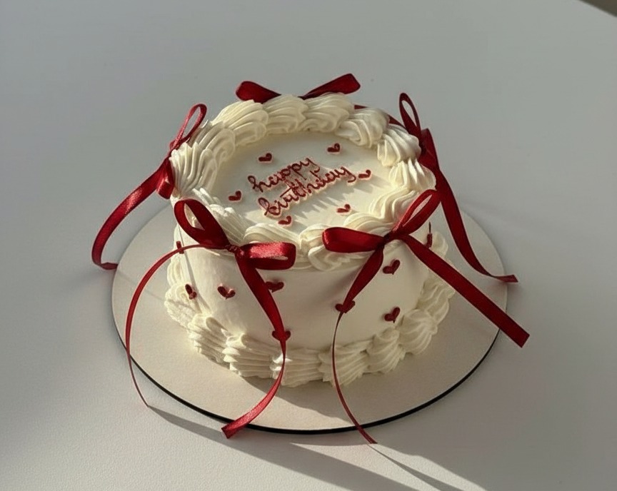 Vintage Bento Birthday Cake with Bows Aesthetic Red White Design suggested serving