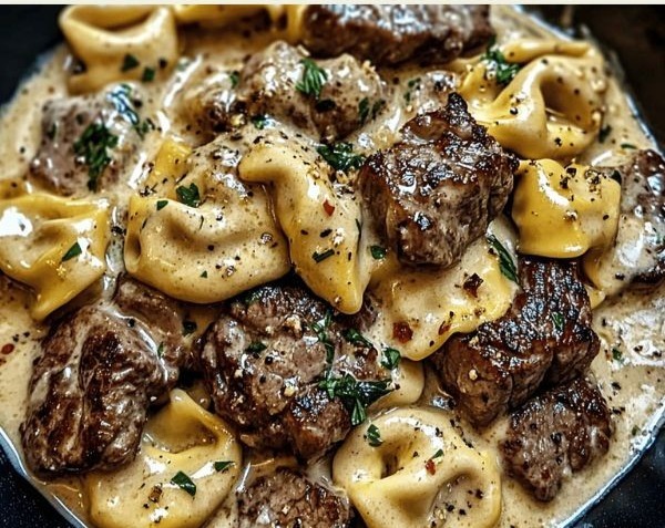 Creamy Garlic Steak Tortellini Skillet Pasta Dinner top view