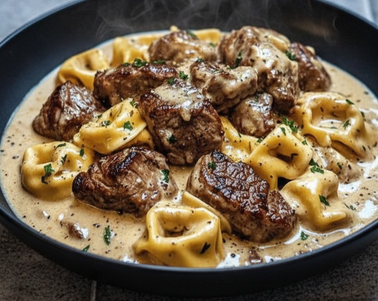 Creamy Garlic Steak Tortellini Skillet Pasta Dinner suggested serving