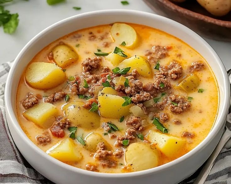 Grandma's OMG Delicious Cheeseburger Soup Creamy Potato Ground Beef top view