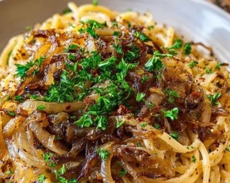 Simple Caramelized Onion Garlic Spaghetti Dinner top view