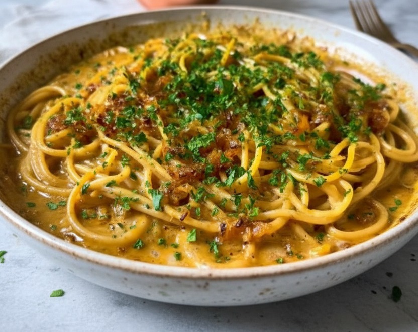 Simple Caramelized Onion Garlic Spaghetti Dinner suggested serving