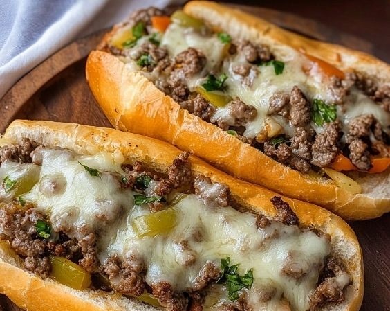 Easy Homemade Ground Beef Philly Cheesesteaks top view