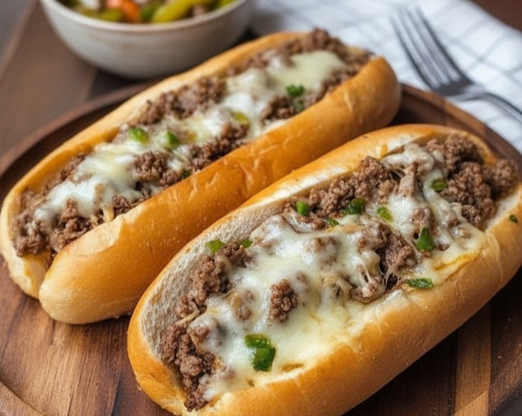 Easy Homemade Ground Beef Philly Cheesesteaks suggested serving